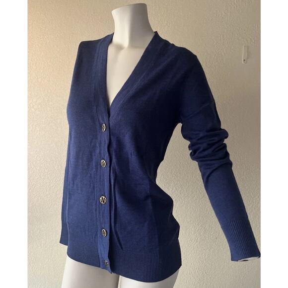 Tory Burch V Neck Cardigan Blue Merino Wool Size Medium - Picture 1 of 14